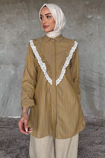 julude Μπεζ δαντέλα με κορδόνι ριγέ Hijab τουνίκ