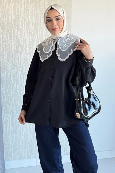 julude Μαύρο γιακά Τούλι Κεντημένο Πουκάμισο Hijab