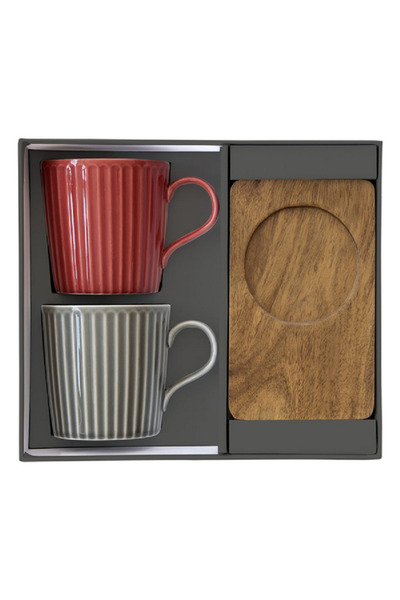 EasyLife طقم أكواب وصحن من مجموعة Take A Break، مكون من 4 قطع، آمن للاستخدام في الميكروويف وغسالة الأطباق، باللونين الأحمر والرمادي، 380 مل