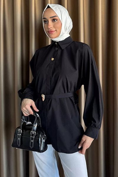 julude Μαύρο πουκάμισο Hijab με ζώνη μέσης