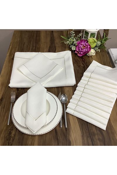 OYA home Silver Pico Detailed Table Cloth (1) & Napkin (12) Set - 13 Pieces