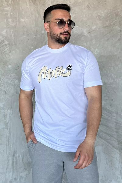 MİSHAR İTALİA Tricou alb pentru bărbați cu decolteu rotund cu imprimeu lapte
