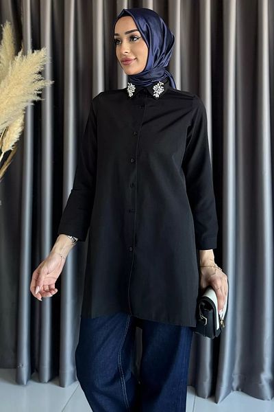 julude Black Collar Stone Detailed Hijab Tunic