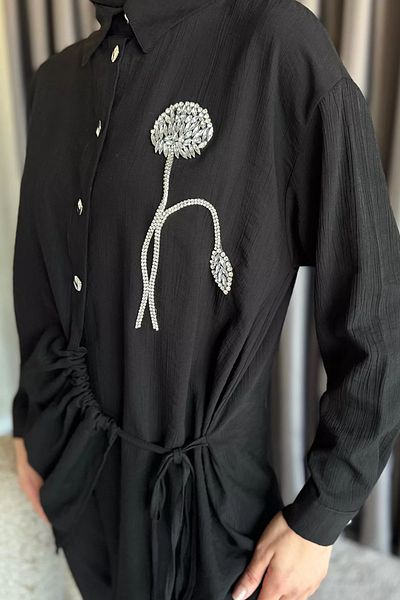 julude Black Side Tie Stone Embroidered Hijab Tunic