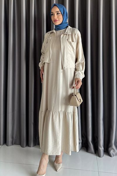 julude Stone Hem Ruffled Waist Elastic Cardigan Combination Hijab Dress