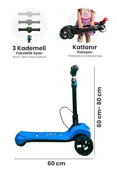 Genel Markalar Led Işıklı Hoparlörlü 3 Tekerlekli Yükseklik Ayarlı Elektrikli Scooter - 60W