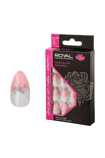 Royal Set de 24 de vârfuri de unghii ROYAL Glue-On, Stiletto Stardust, lipici inclus