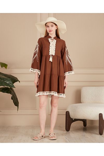 EL jadida Women's Embroidered Tassel Detailed Plus Size Linen Dress Brown