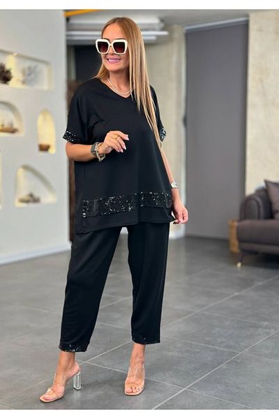 Little Visqon Women's Short Sleeve V-Neck Sequin Viscose Two Thread Blouse and Pants Two-Piece Set