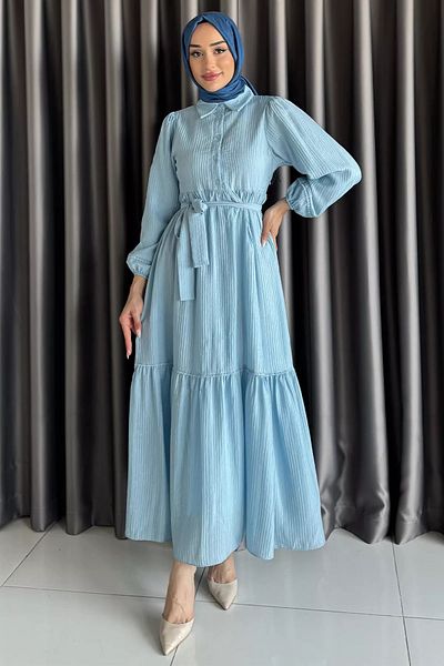 julude Rochie hijab pliată cu volane, cu jumătate de nasturi în față albastră