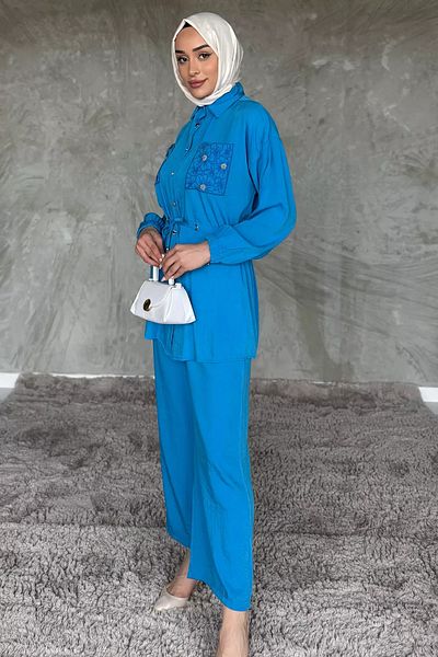julude Set de două piese pentru pantaloni hijab cu șireturi în talie brodate cu buzunar albastru