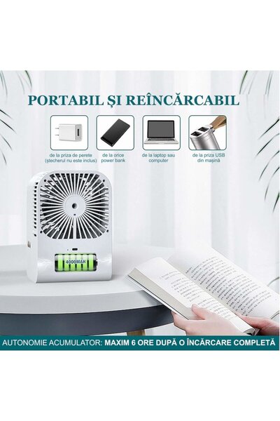 İdeas4comfort Ventilator umidificator portabil Ideas4Comfort, reîncărcabil prin USB, 3 viteze, 2 moduri de pulverizare, rezervor de apă de 330 ml