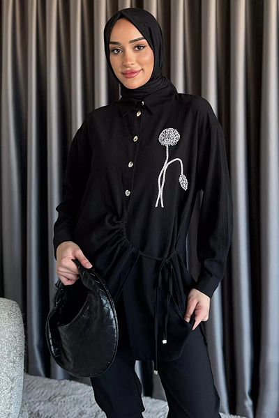 julude Black Side Tie Stone Embroidered Hijab Tunic