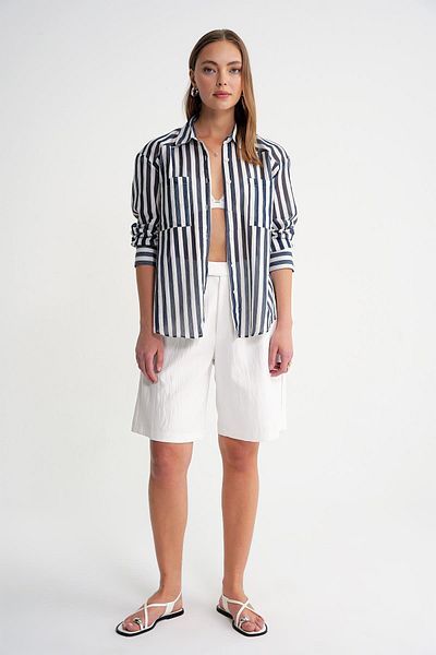 Mixray 4650 Women's Robe Lightweight Transparent Striped Basic Shirt Navy Blue