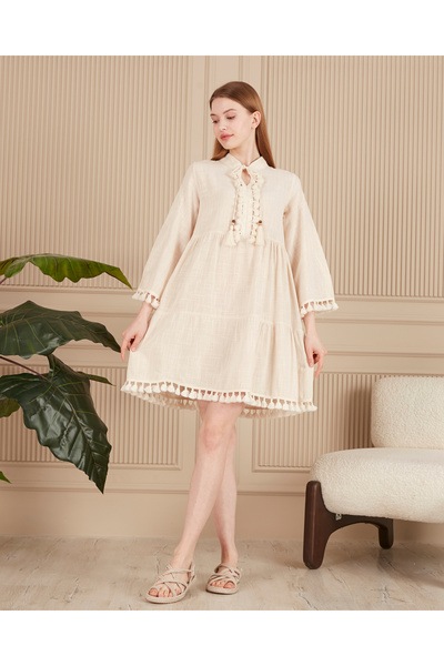 EL jadida Women's Embroidered Tassel Detailed Plus Size Linen Dress Beige