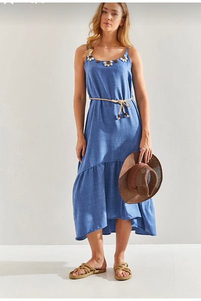 MODA Linen Indigo Daisy Embroidered Suspender a Quality Straw Lace-Up Dress