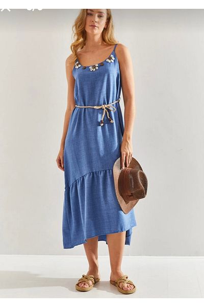 MODA Linen Indigo Daisy Embroidered Suspender a Quality Straw Lace-Up Dress