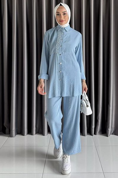 julude Set de două piese pentru pantaloni hijab din dantelă albastru