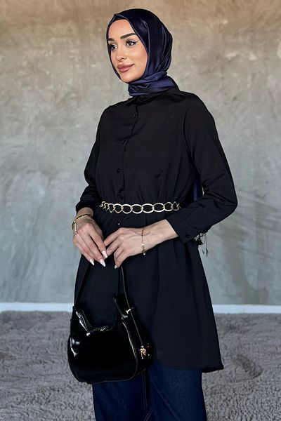 julude Black Chain Belted Hijab Tunic