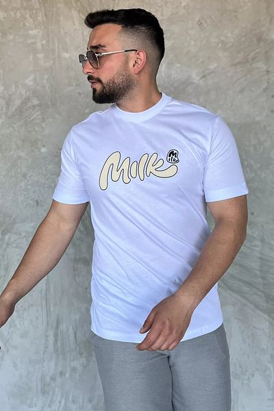 MİSHAR İTALİA Tricou alb pentru bărbați cu decolteu rotund cu imprimeu lapte