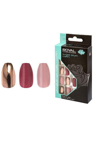 Royal Set de 24 de vârfuri de unghii ROYAL Glue-On, culoarea coșmarului cu prune de zahăr, lipici inclus 2 g