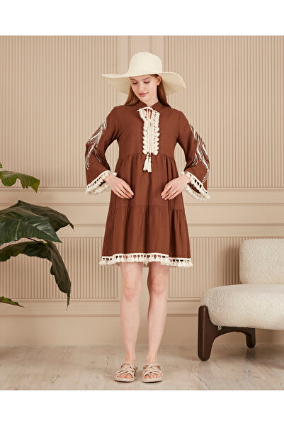 EL jadida Γυναικείο Κεντημένο Φόρεμα Φούντα Λεπτομερές Λινό Φόρεμα Plus Size Καφέ