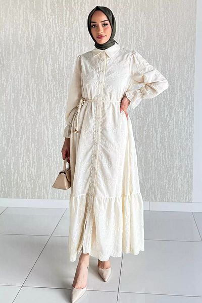 julude Stone Self Patterned Full Length Buttoned Waist Tie Detailed Hijab Dress