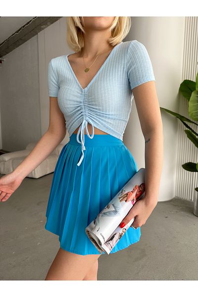 MELA ROSSA Femei Albastru Decolteu în V Mâneci scurte Viscoză Elastan Snur cu șnur Camisole Crop