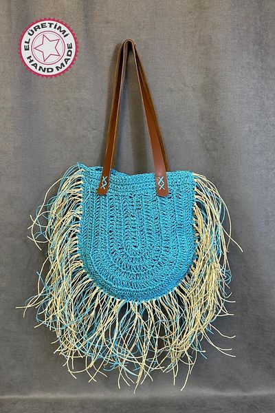 Uretti - Ayşe 4723 3374 Geantă de umăr pentru femei, cu frânghie de hârtie, tricotată manual, cu ciucuri colorate / Albastru