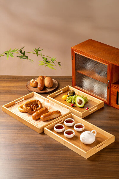 Fesya Home 3-Piece Bamboo Tray Natural Bamboo Set of 3 Rectangular Trays