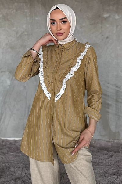 julude Μπεζ δαντέλα με κορδόνι ριγέ Hijab τουνίκ