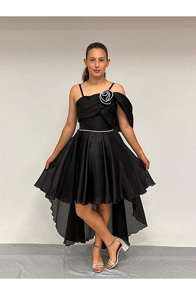 BUTİKHAPPYKİDS Girl's Evening Dress with Straps Black One Shoulder Rose Detailed Tailed Chiffon Evening Dress 10-15 Years