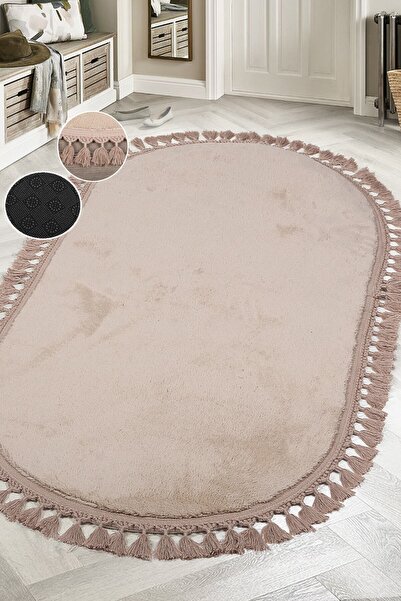 Puffy Oval Kahve ponpon Saçaklı Peluş Yumuşacık Yıkanabilir Kaymaz Taban Halı Salon,Oturma Odası