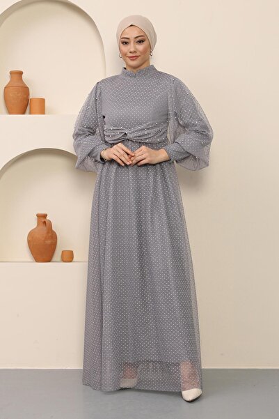 Missvalle Pearl Detailed Tulle Evening Dress Gray Msw12238