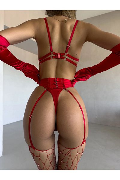 WİYONA Women's Red 3 Piece Fancy Harness Set with Socks Gift