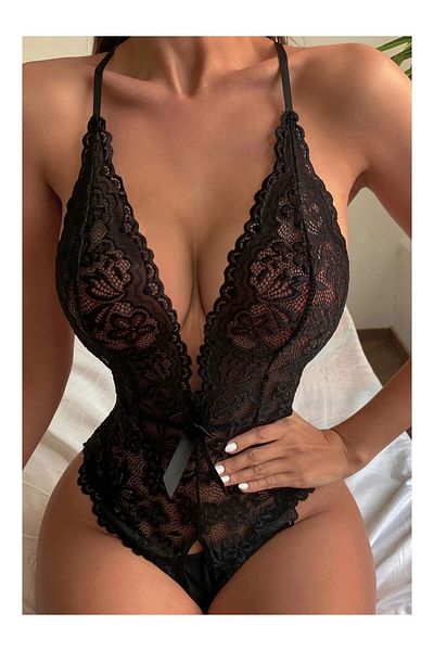 WİYONA Women's Black Lace Detailed Sexy Bra and Panty Set