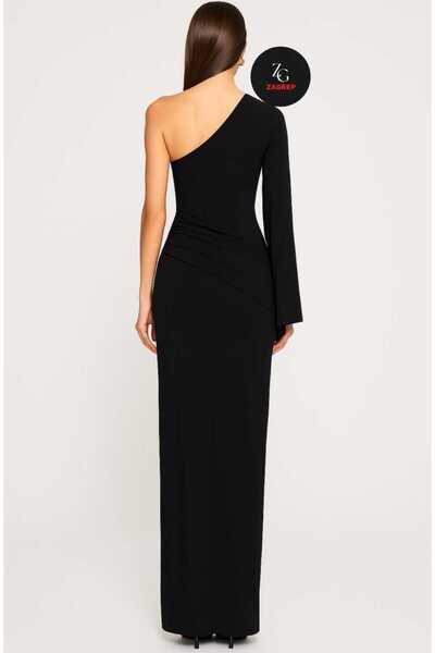 Zagrep Women's Black One Shoulder Slit Sleeve Detailed Lined Silk Jersey Maxi Dress