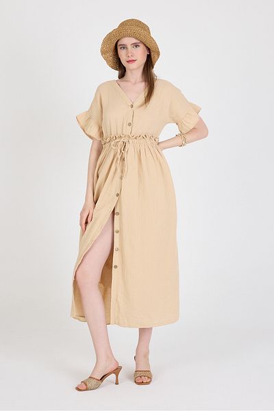 Rays Rochie bej 100% bumbac cu mâneci cu volan și nasturi 4781A