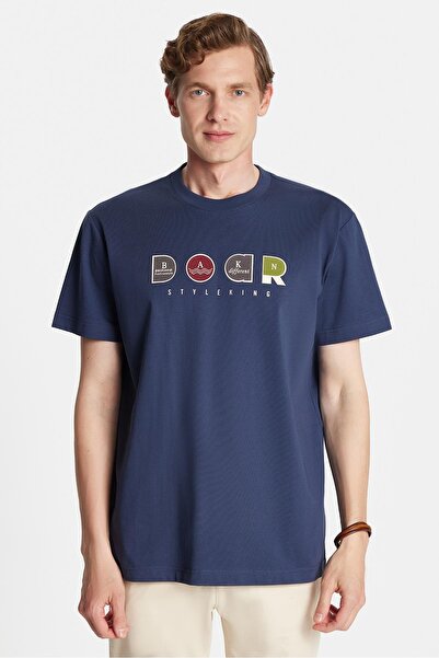 Tudors Relax Fit Зручний крій Бавовняний Передній принт Детальний велосипедний комір Синій Чоловічий футболка