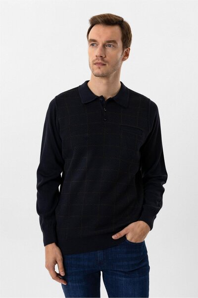 SÜVARİ Regular Kalıp Desenli Polo Yaka Yünlü Triko Kazak
