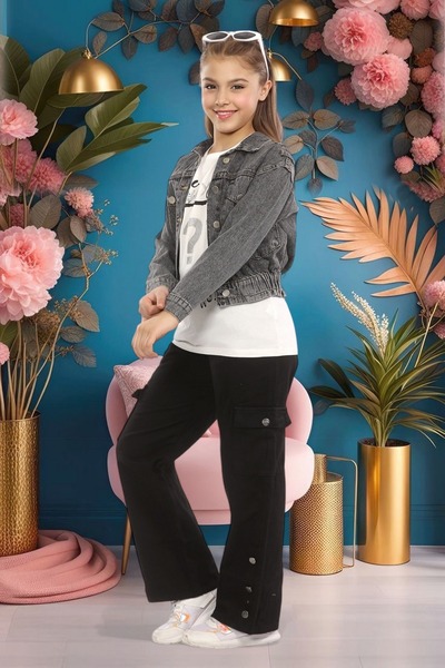 ASSAF Girls Cotton Stylish 2-Piece Set Jeans Patterned Jacket & Short-Sleeved Blouse