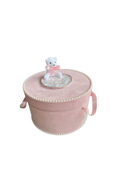 Botez Baptism chest – powder pink velvet with teddy bear, 31x19 cm