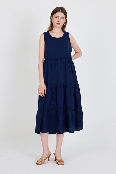 Rays Rochie midi fără mâneci cu aspect de in bleumarin, 100% bumbac, cu detaliu de volan 4738A