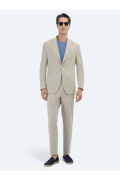 Kip Beige Plain Modern Fit 100% Cotton Knitted Suit