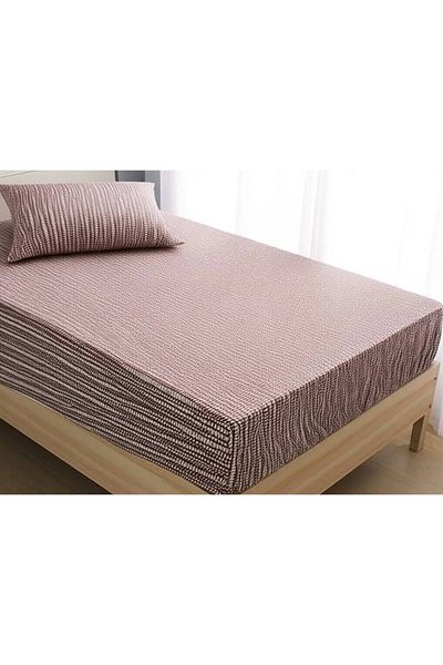Sinada Home Single Brown Colored Oval Striped Deep Elastic Sheet and Pillow Case
