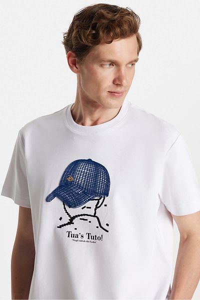Tudors Relax Fit Relaxed Cut Cotton Front Print and Embroidery Detail Crew Neck White Men's T-Shirt