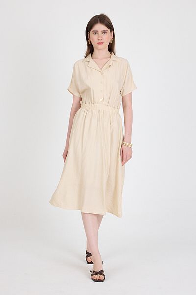 Rays Beige Elastic Waist Shirt Collar Short Sleeve Midi Dress 4475A