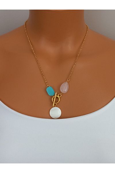 LemaStone Steel Necklace with Natural Stones; Designed on Steel Chain with Amazonite, Pink Quartz and
