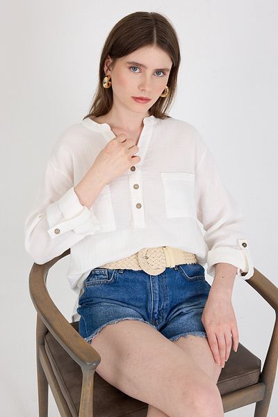 Rays White 100% Cotton Linen Look Judge Collar Tunic Shirt 4698A