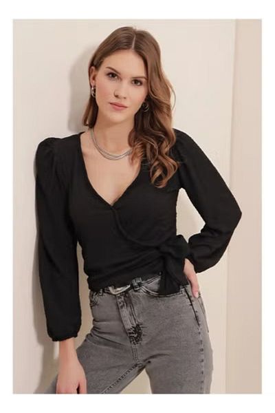 Generic Black V-neck Blouse With Bow